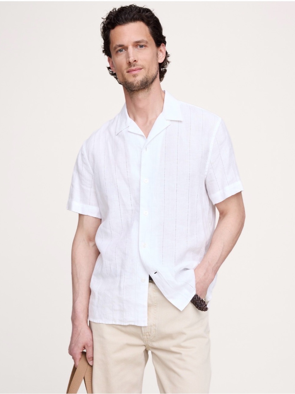 NWT Banana Republic Standard Fit Linen Cotton Eyelet White Resort Shirt Sz L.